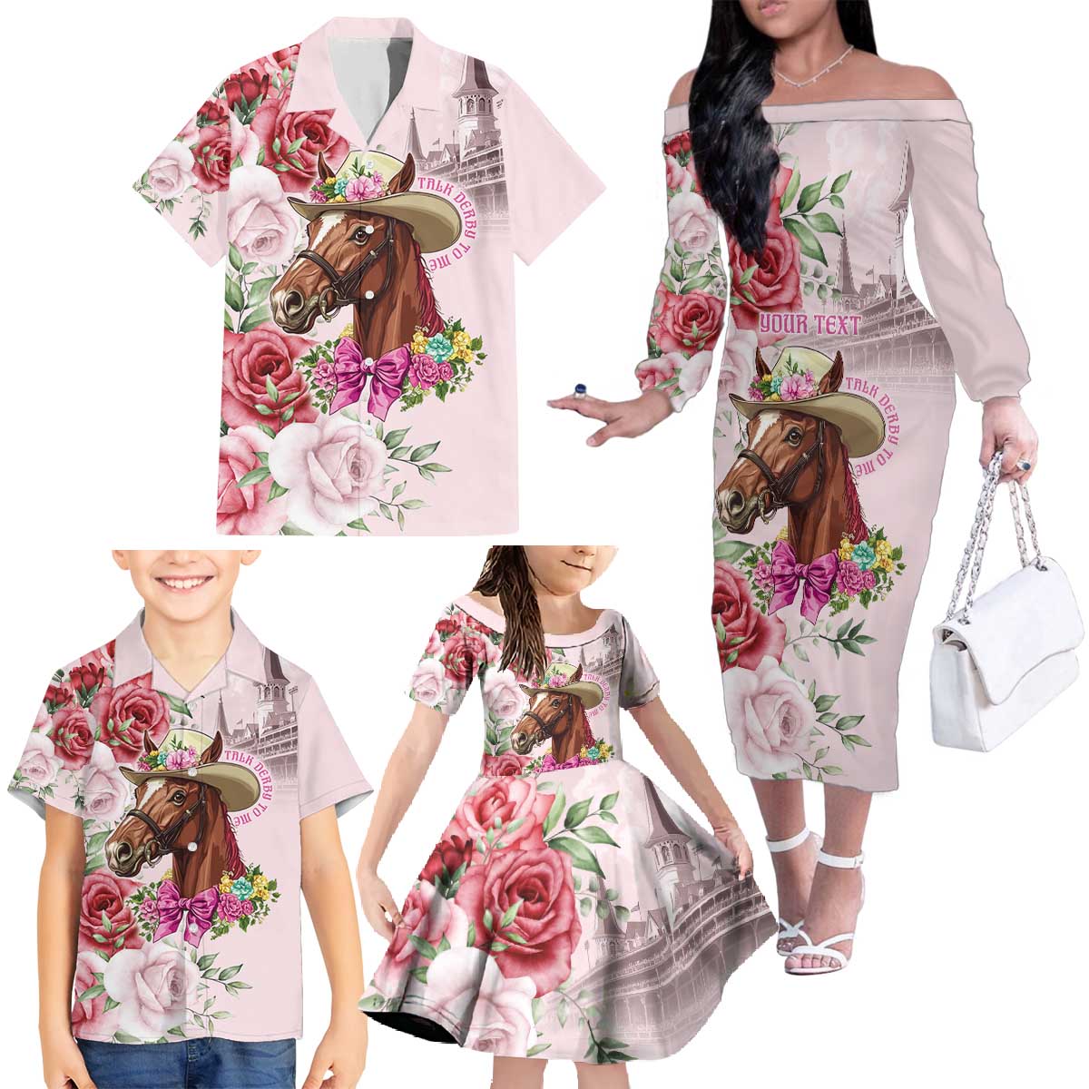Personalized Kentucky Horse Race Family Matching Off The Shoulder Long Sleeve Dress and Hawaiian Shirt Talk Derby To Me Derby Horse