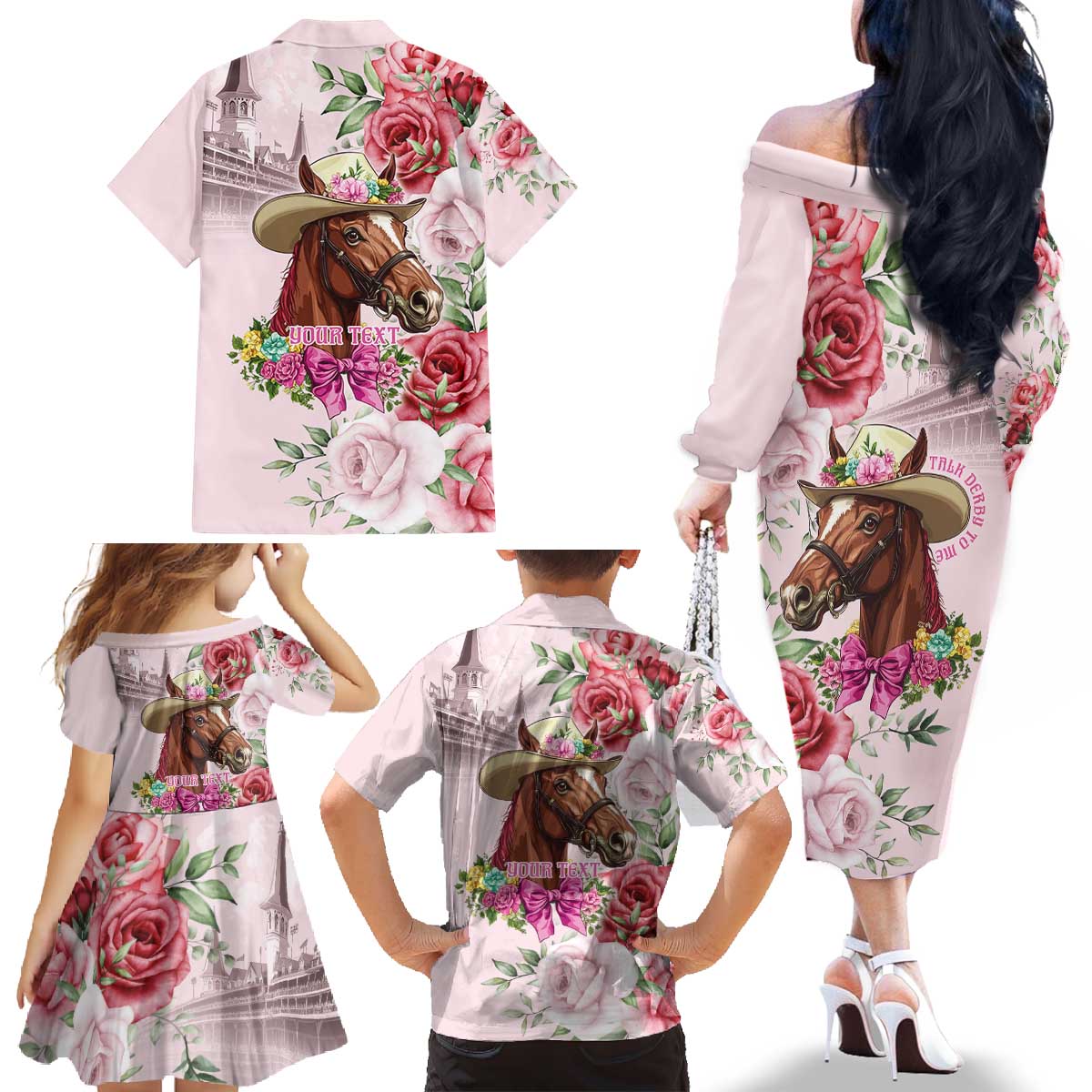 Personalized Kentucky Horse Race Family Matching Off The Shoulder Long Sleeve Dress and Hawaiian Shirt Talk Derby To Me Derby Horse