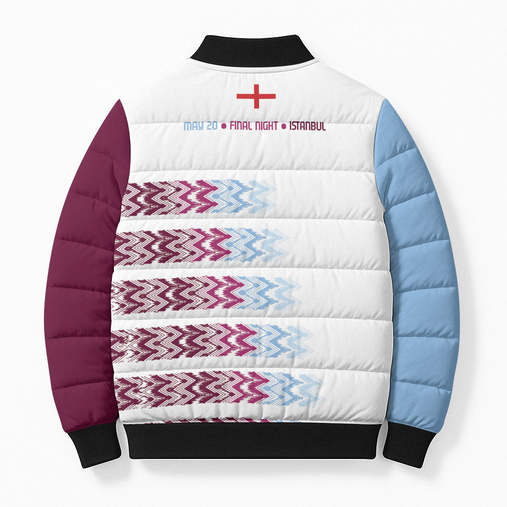 English European Football Bomber Puffer Jacket Sublimation Blue Maroon Stripes Effect