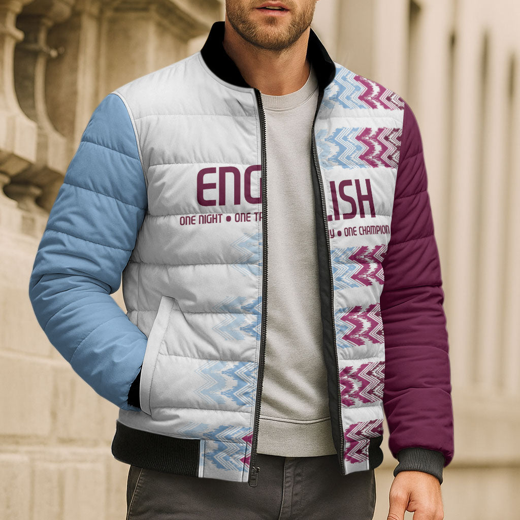 English European Football Bomber Puffer Jacket Sublimation Blue Maroon Stripes Effect