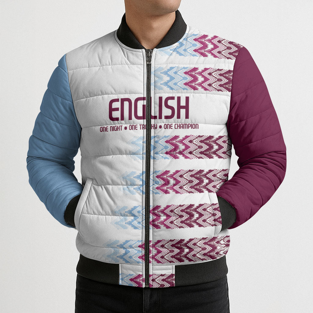 English European Football Bomber Puffer Jacket Sublimation Blue Maroon Stripes Effect