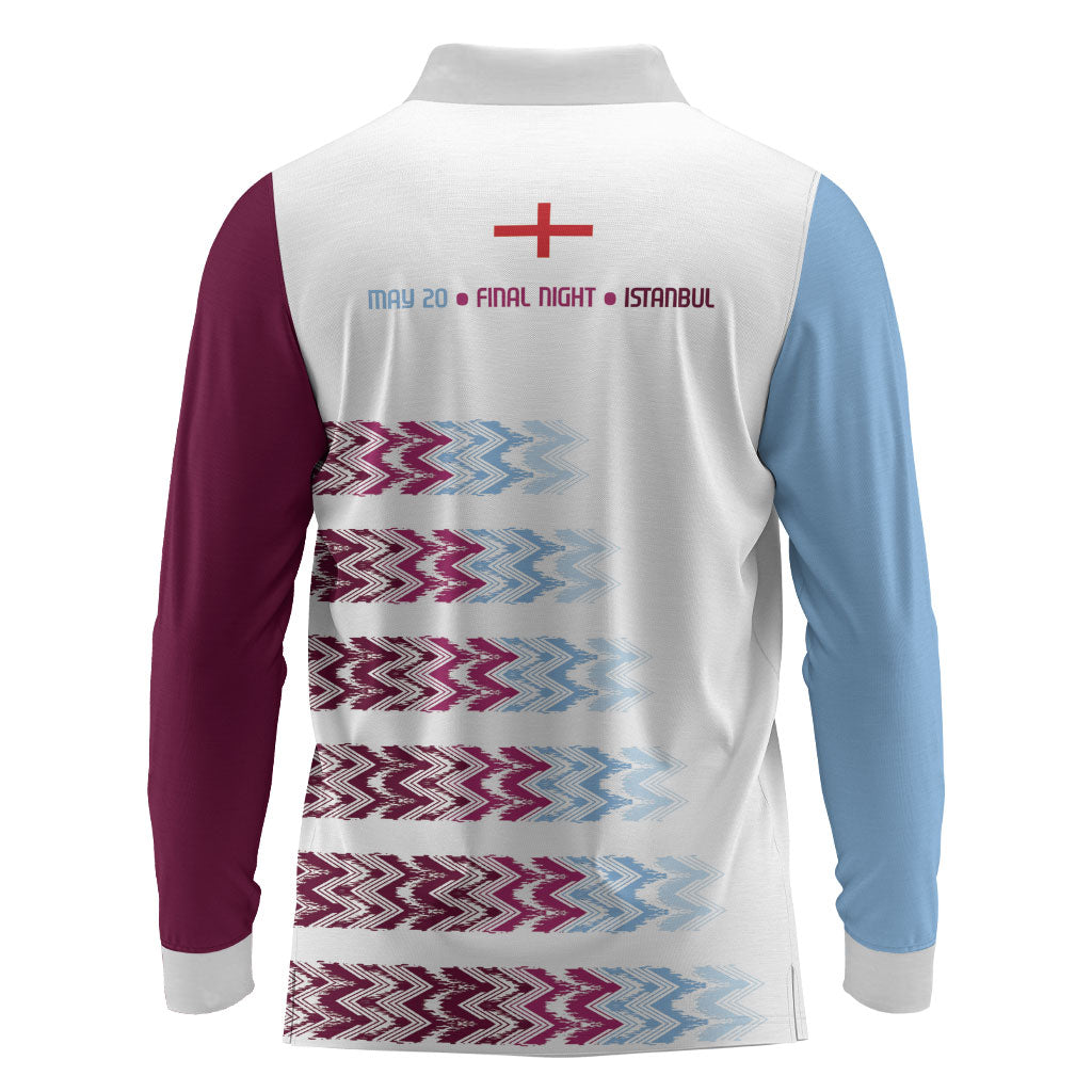 English European Football Long Sleeve Polo Shirt Sublimation Blue Maroon Stripes Effect