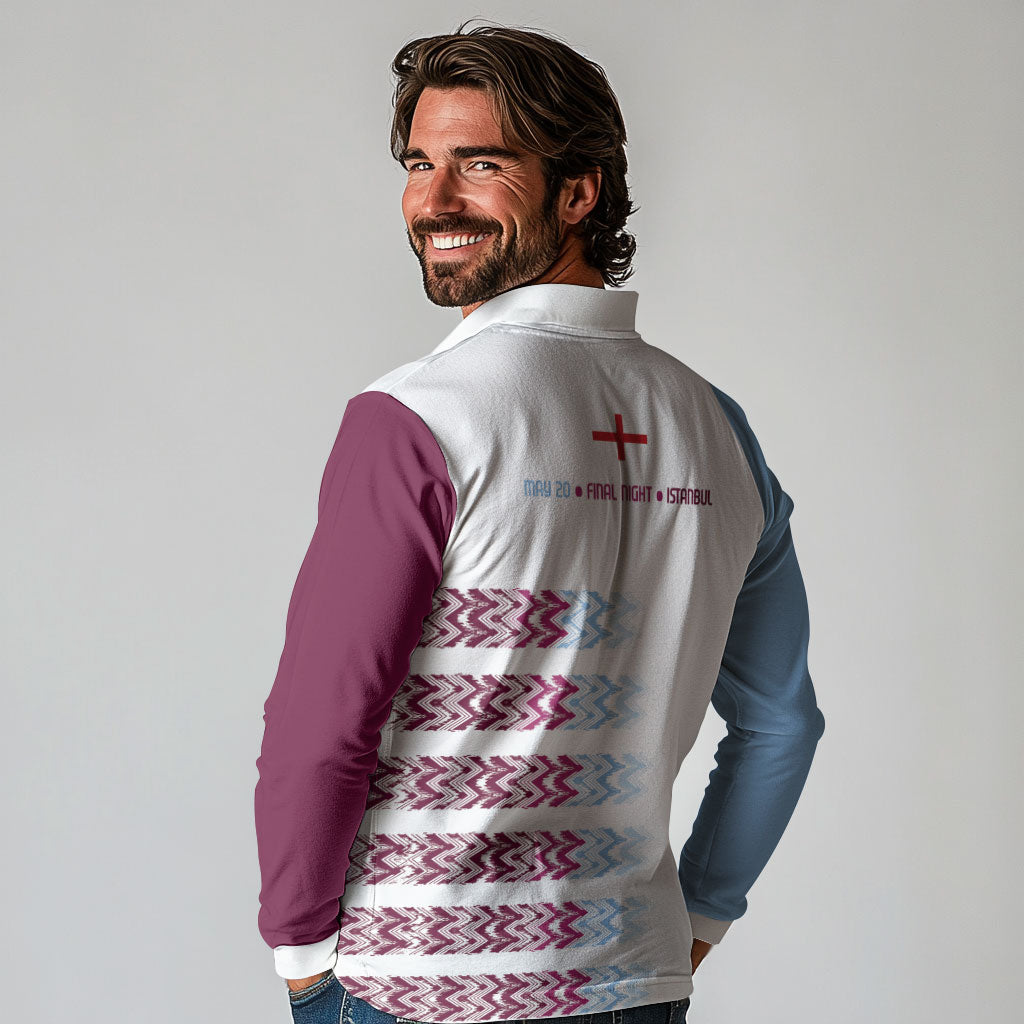 English European Football Long Sleeve Polo Shirt Sublimation Blue Maroon Stripes Effect
