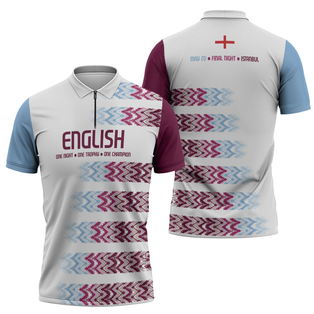 English European Football Zipper Polo Shirt Sublimation Blue Maroon Stripes Effect