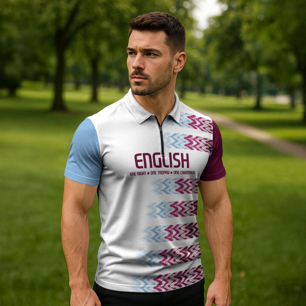 English European Football Zipper Polo Shirt Sublimation Blue Maroon Stripes Effect