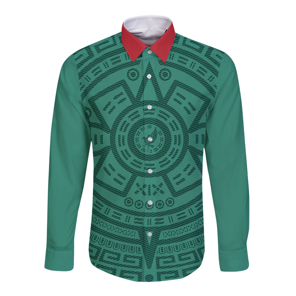 El Tri Mexico World Football 2026 Long Sleeve Button Shirt Simple Calendario Azteca-inspired