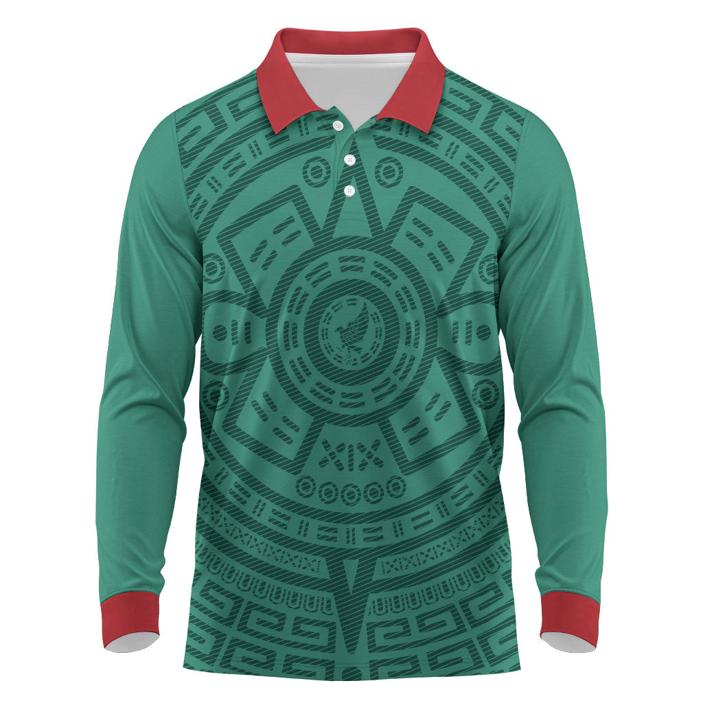 El Tri Mexico World Football 2026 Long Sleeve Polo Shirt Simple Calendario Azteca-inspired