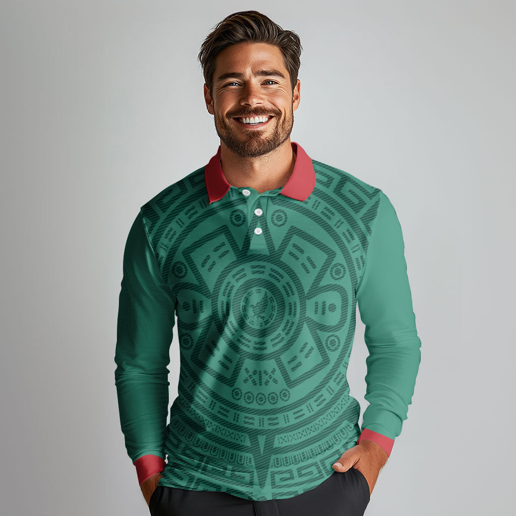 El Tri Mexico World Football 2026 Long Sleeve Polo Shirt Simple Calendario Azteca-inspired