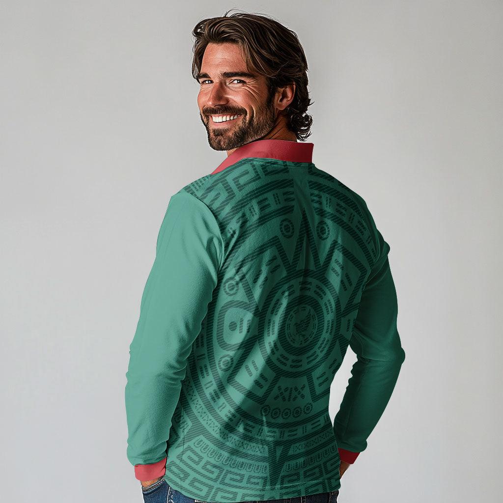 El Tri Mexico World Football 2026 Long Sleeve Polo Shirt Simple Calendario Azteca-inspired