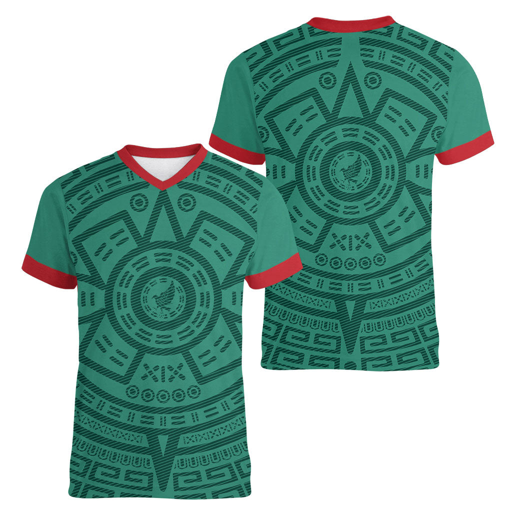 El Tri Mexico World Football 2026 Women V-Neck T-Shirt Simple Calendario Azteca-inspired
