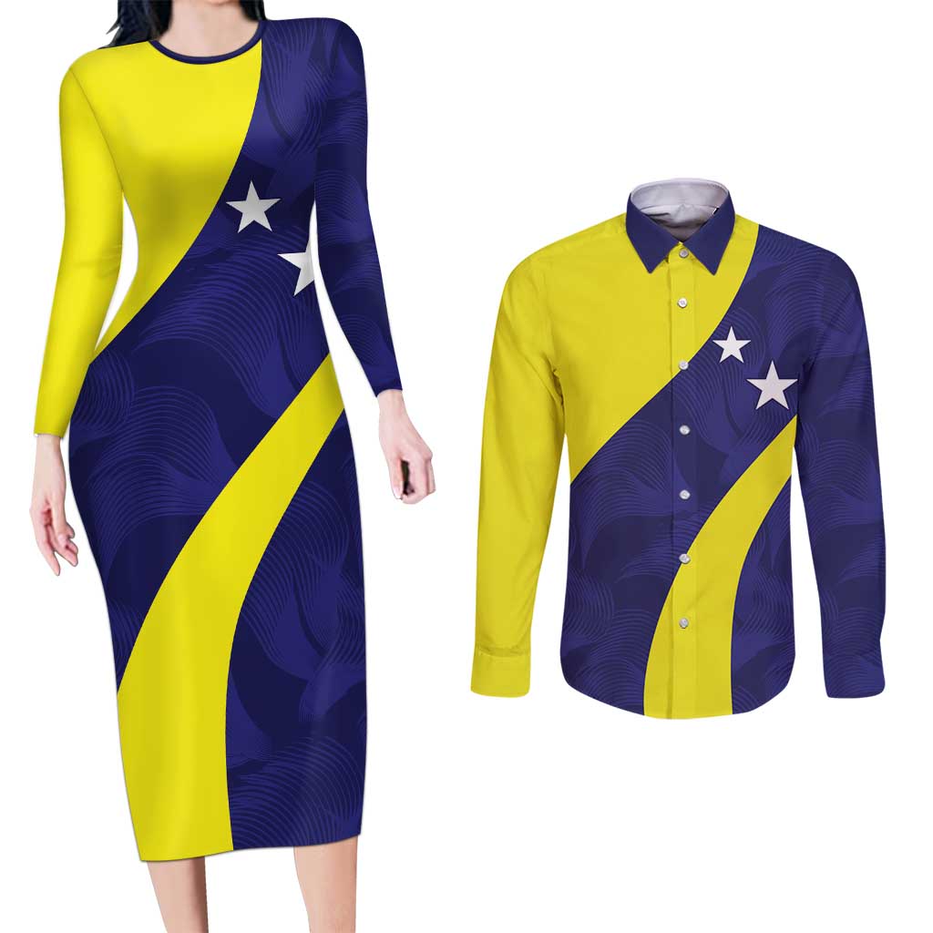 Felis dia di Bandera Curacao Personalized Couples Matching Long Sleeve Bodycon Dress and Long Sleeve Button Shirt Curacao Flag Style - Wonder Print Shop
