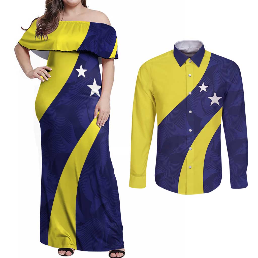 Felis dia di Bandera Curacao Personalized Couples Matching Off Shoulder Maxi Dress and Long Sleeve Button Shirt Curacao Flag Style - Wonder Print Shop