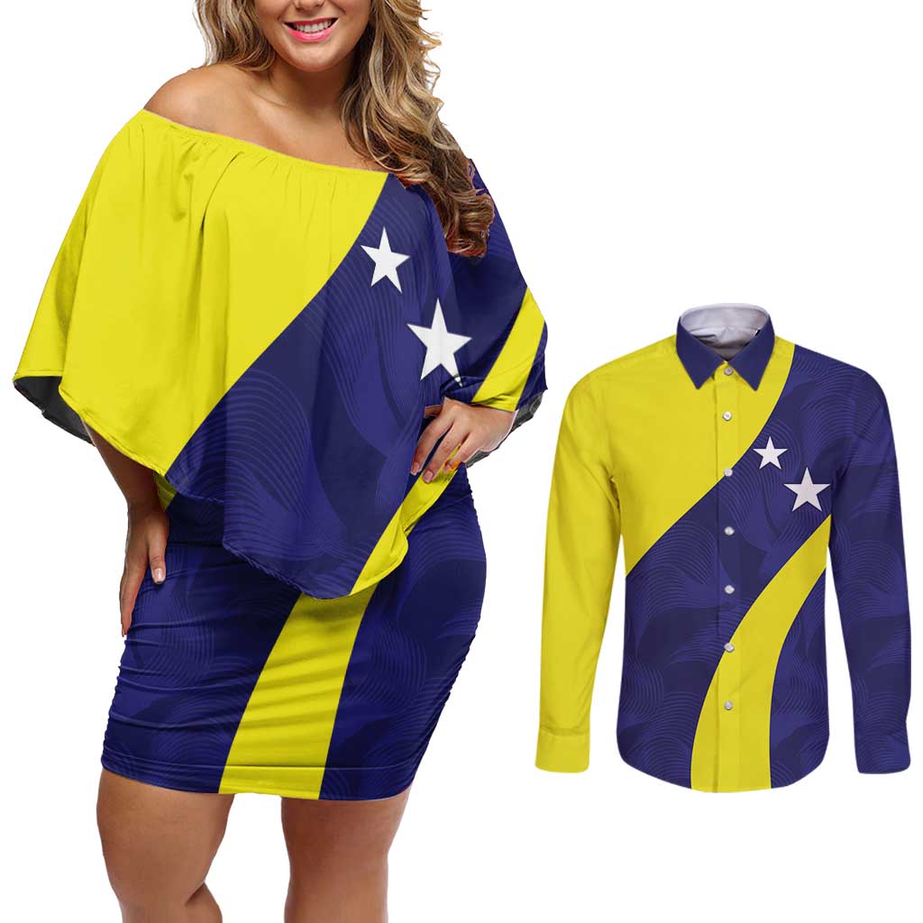 Felis dia di Bandera Curacao Personalized Couples Matching Off Shoulder Short Dress and Long Sleeve Button Shirt Curacao Flag Style - Wonder Print Shop