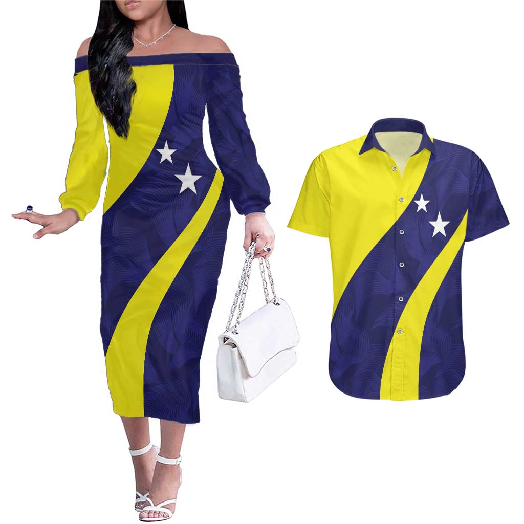 Felis dia di Bandera Curacao Personalized Couples Matching Off The Shoulder Long Sleeve Dress and Hawaiian Shirt Curacao Flag Style - Wonder Print Shop
