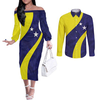 Felis dia di Bandera Curacao Personalized Couples Matching Off The Shoulder Long Sleeve Dress and Long Sleeve Button Shirt Curacao Flag Style - Wonder Print Shop
