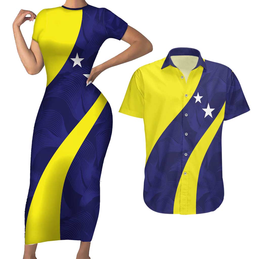 Felis dia di Bandera Curacao Personalized Couples Matching Short Sleeve Bodycon Dress and Hawaiian Shirt Curacao Flag Style - Wonder Print Shop