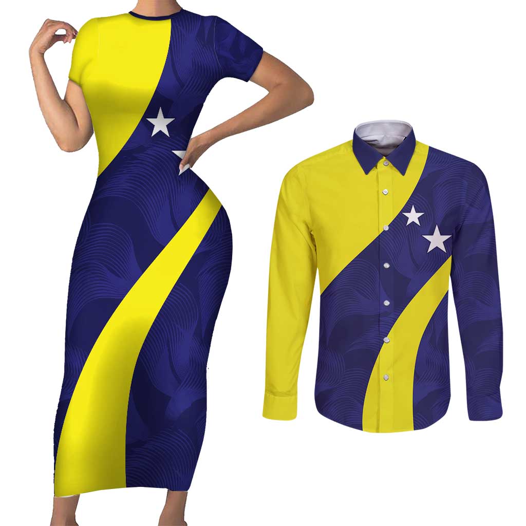 Felis dia di Bandera Curacao Personalized Couples Matching Short Sleeve Bodycon Dress and Long Sleeve Button Shirt Curacao Flag Style - Wonder Print Shop
