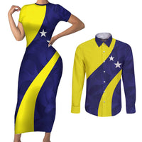 Felis dia di Bandera Curacao Personalized Couples Matching Short Sleeve Bodycon Dress and Long Sleeve Button Shirt Curacao Flag Style - Wonder Print Shop