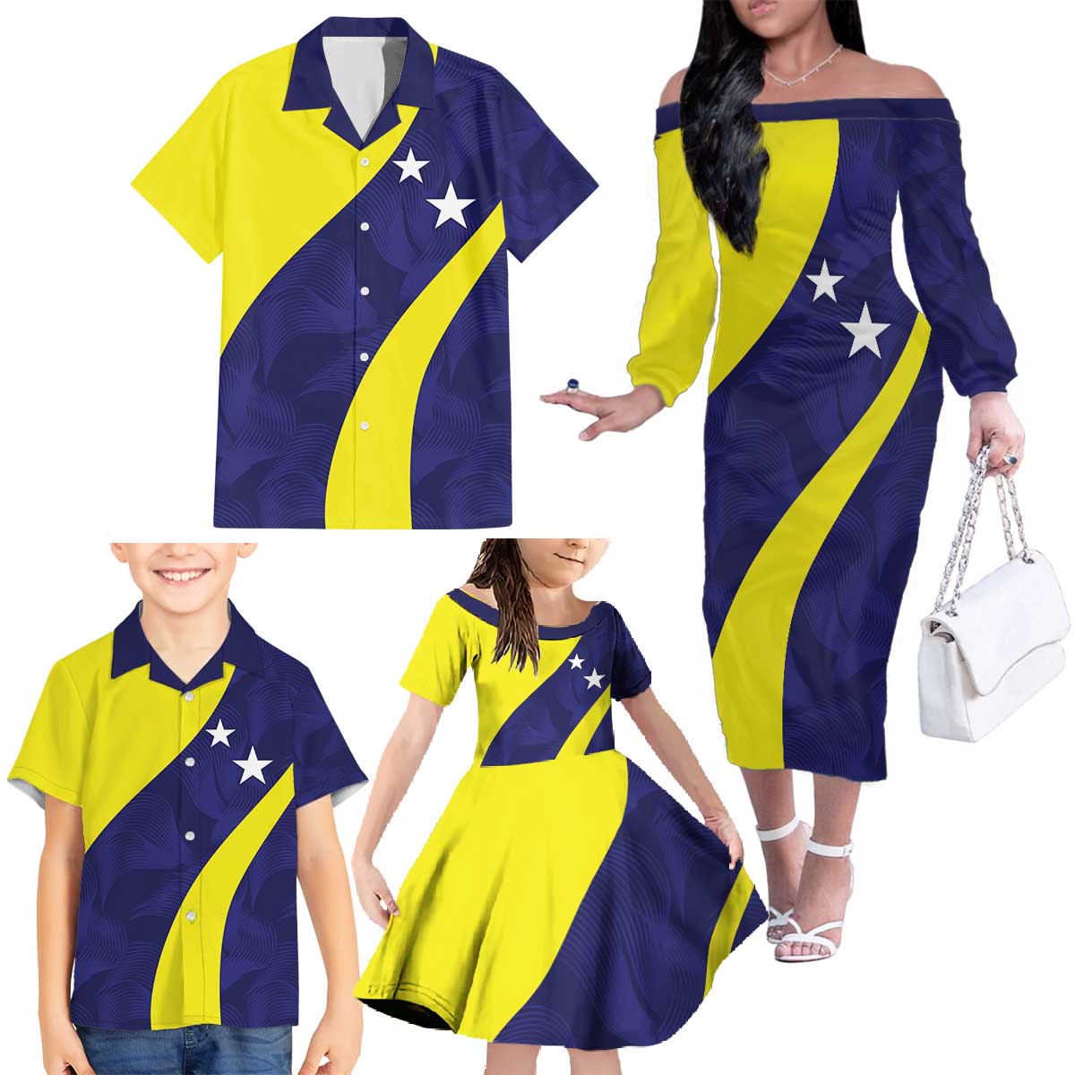 Felis dia di Bandera Curacao Personalized Family Matching Off The Shoulder Long Sleeve Dress and Hawaiian Shirt Curacao Flag Style - Wonder Print Shop