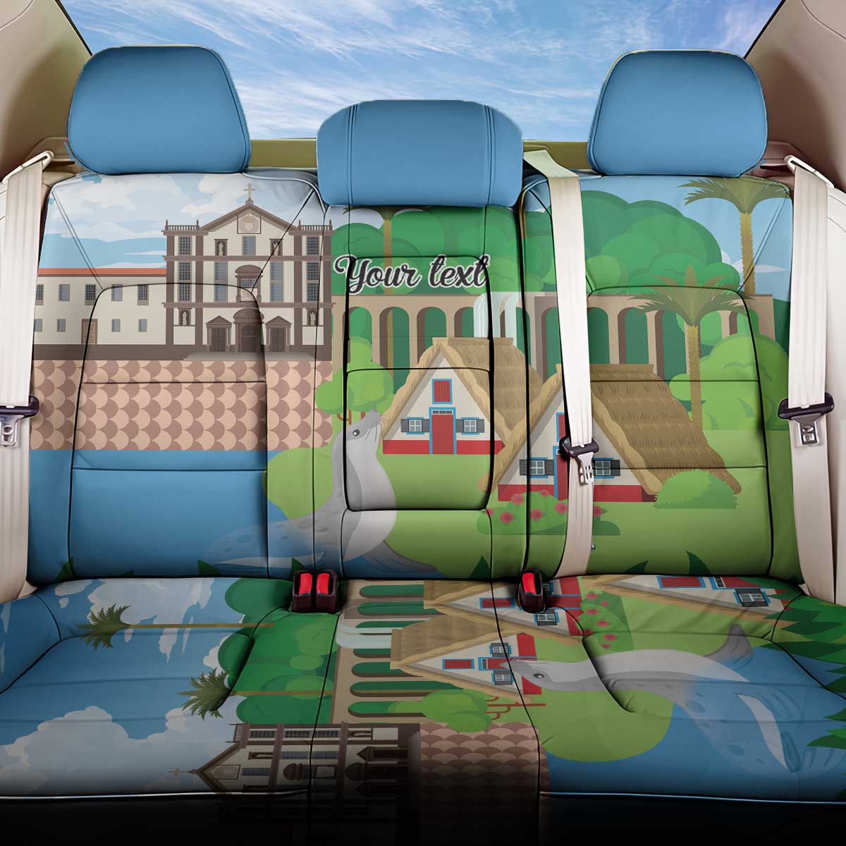 Feliz Dia de Madeira Personalized Back Car Seat Cover Traditional Palheiros Straw-roofed Houses - Wonder Print Shop