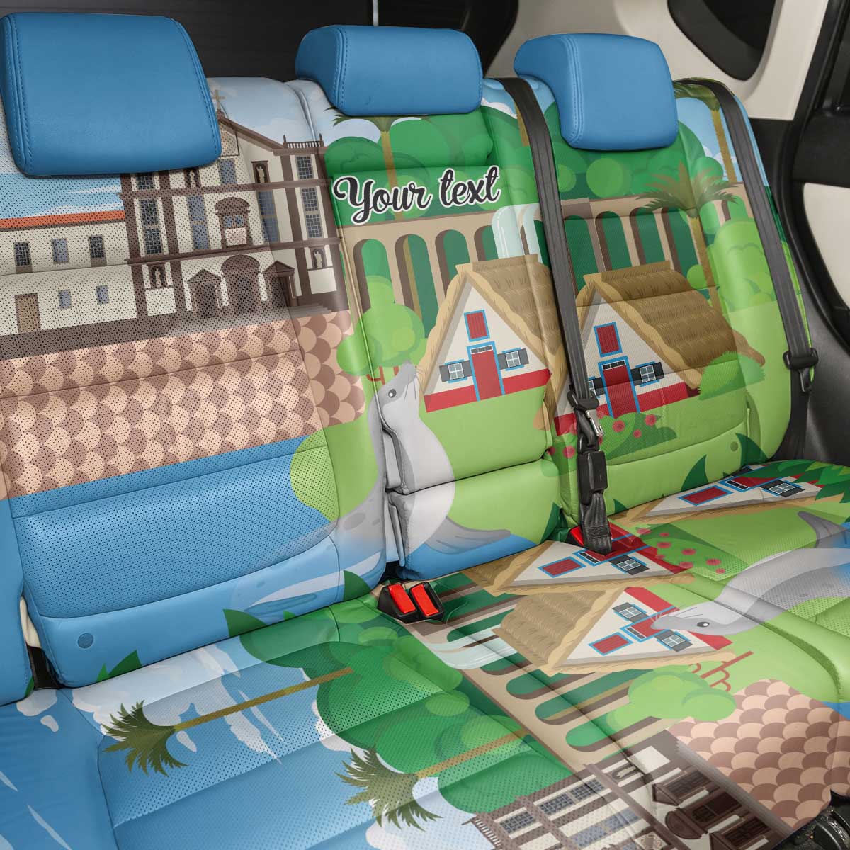 Feliz Dia de Madeira Personalized Back Car Seat Cover Traditional Palheiros Straw-roofed Houses - Wonder Print Shop
