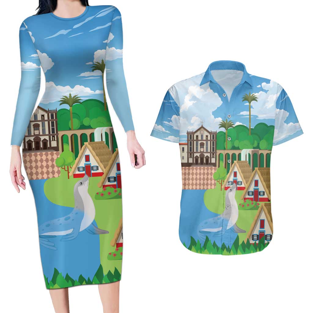 Feliz Dia de Madeira Personalized Couples Matching Long Sleeve Bodycon Dress and Hawaiian Shirt Traditional Palheiros Straw-roofed Houses - Wonder Print Shop