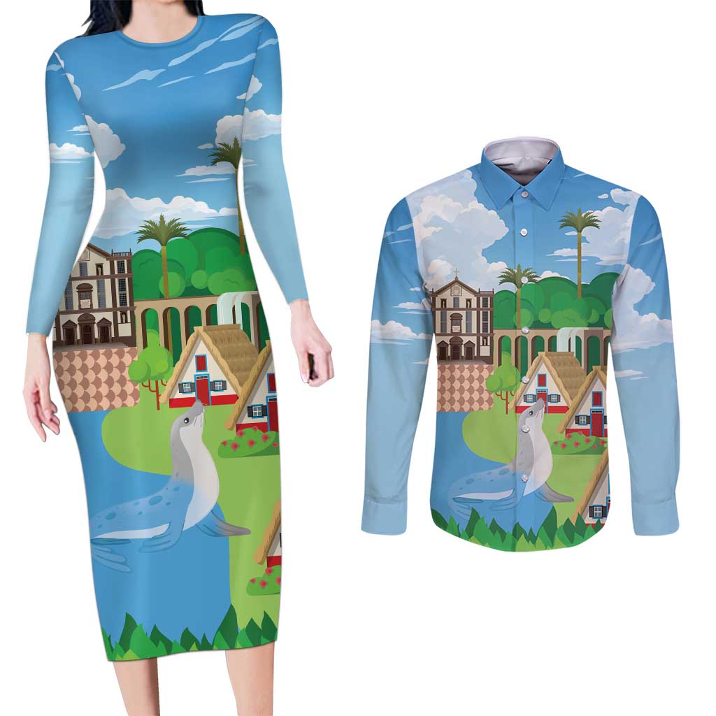 Feliz Dia de Madeira Personalized Couples Matching Long Sleeve Bodycon Dress and Long Sleeve Button Shirt Traditional Palheiros Straw-roofed Houses - Wonder Print Shop