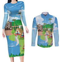 Feliz Dia de Madeira Personalized Couples Matching Long Sleeve Bodycon Dress and Long Sleeve Button Shirt Traditional Palheiros Straw-roofed Houses - Wonder Print Shop