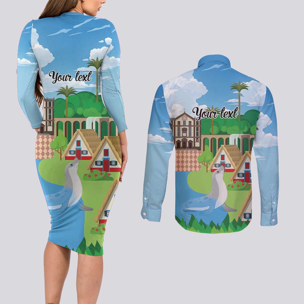Feliz Dia de Madeira Personalized Couples Matching Long Sleeve Bodycon Dress and Long Sleeve Button Shirt Traditional Palheiros Straw-roofed Houses - Wonder Print Shop