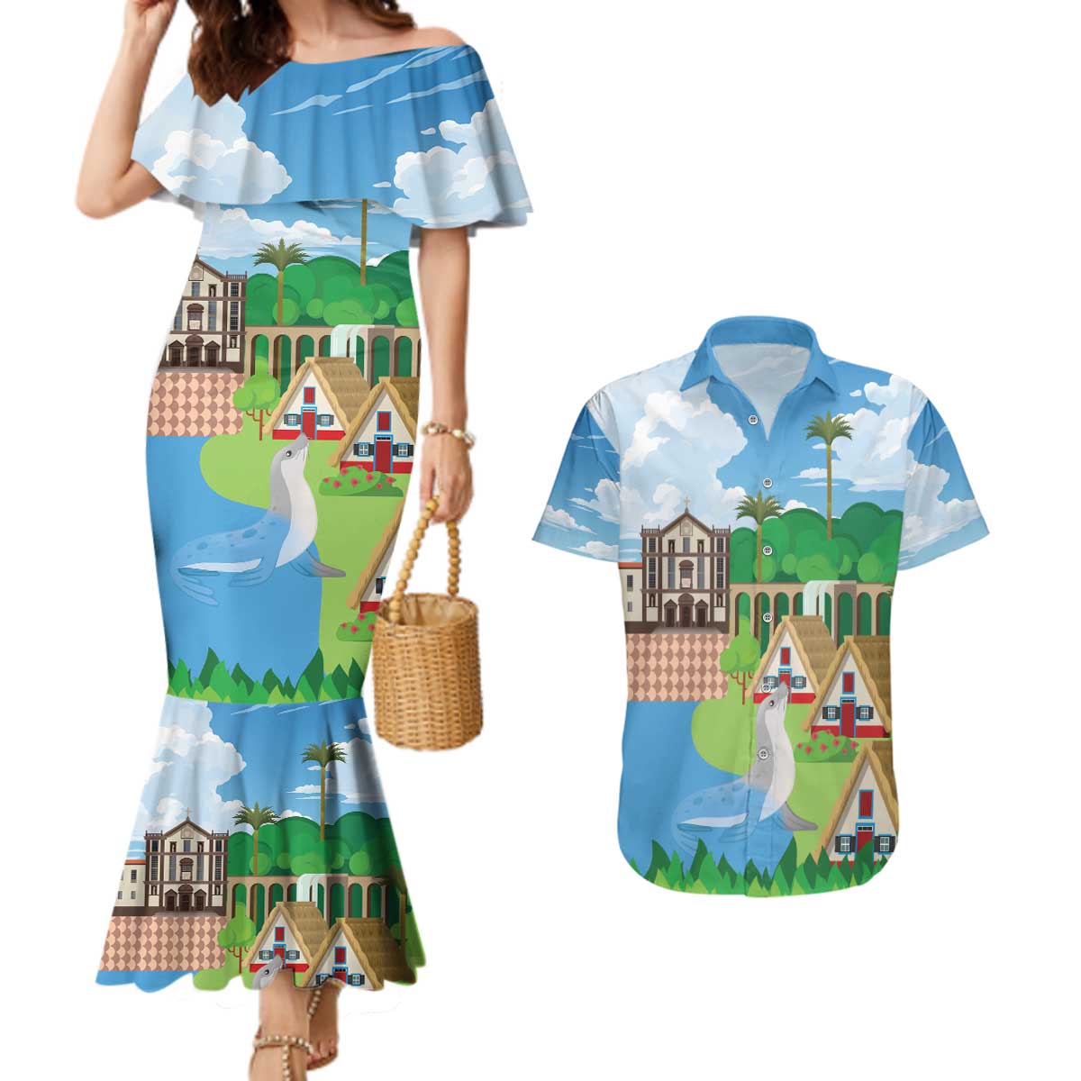 Feliz Dia de Madeira Personalized Couples Matching Mermaid Dress and Hawaiian Shirt Traditional Palheiros Straw-roofed Houses - Wonder Print Shop