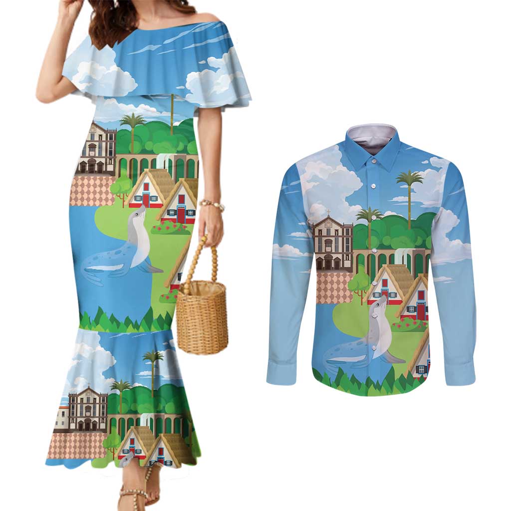 Feliz Dia de Madeira Personalized Couples Matching Mermaid Dress and Long Sleeve Button Shirt Traditional Palheiros Straw-roofed Houses - Wonder Print Shop