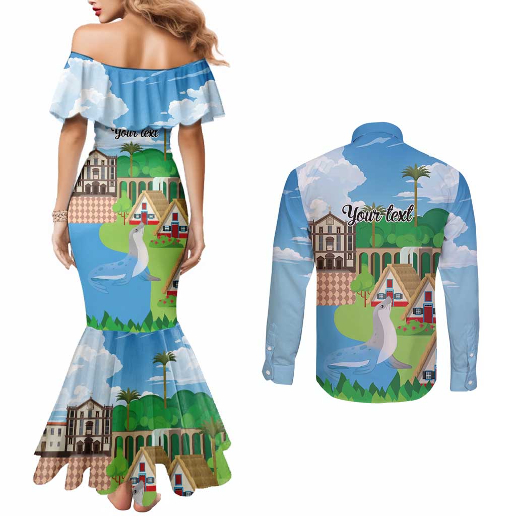 Feliz Dia de Madeira Personalized Couples Matching Mermaid Dress and Long Sleeve Button Shirt Traditional Palheiros Straw-roofed Houses - Wonder Print Shop