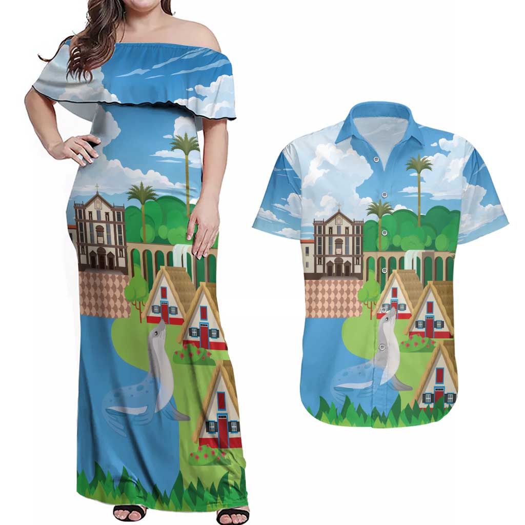Feliz Dia de Madeira Personalized Couples Matching Off Shoulder Maxi Dress and Hawaiian Shirt Traditional Palheiros Straw-roofed Houses - Wonder Print Shop
