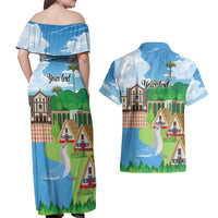Feliz Dia de Madeira Personalized Couples Matching Off Shoulder Maxi Dress and Hawaiian Shirt Traditional Palheiros Straw-roofed Houses - Wonder Print Shop