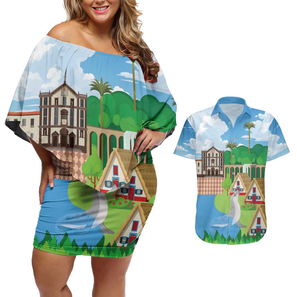 Feliz Dia de Madeira Personalized Couples Matching Off Shoulder Short Dress and Hawaiian Shirt Traditional Palheiros Straw-roofed Houses - Wonder Print Shop