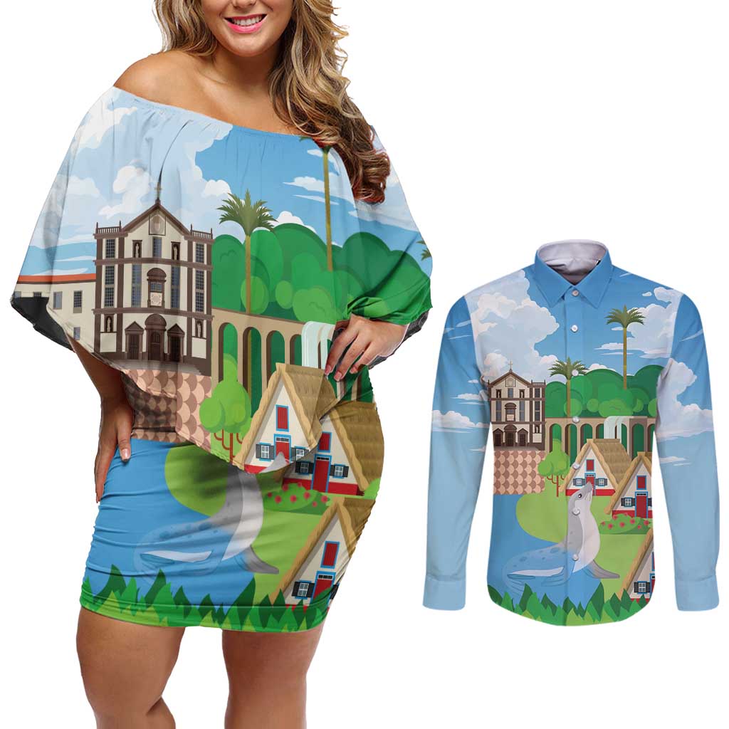 Feliz Dia de Madeira Personalized Couples Matching Off Shoulder Short Dress and Long Sleeve Button Shirt Traditional Palheiros Straw-roofed Houses - Wonder Print Shop
