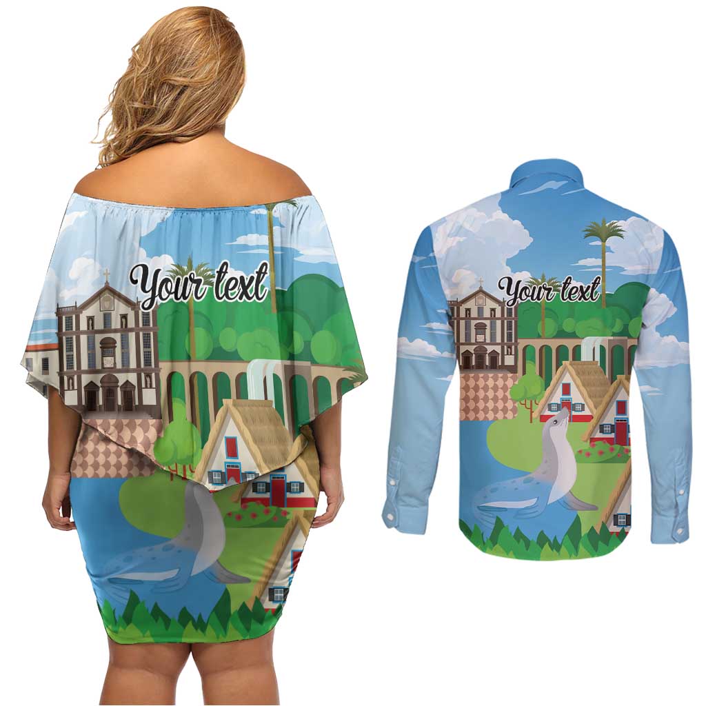Feliz Dia de Madeira Personalized Couples Matching Off Shoulder Short Dress and Long Sleeve Button Shirt Traditional Palheiros Straw-roofed Houses - Wonder Print Shop