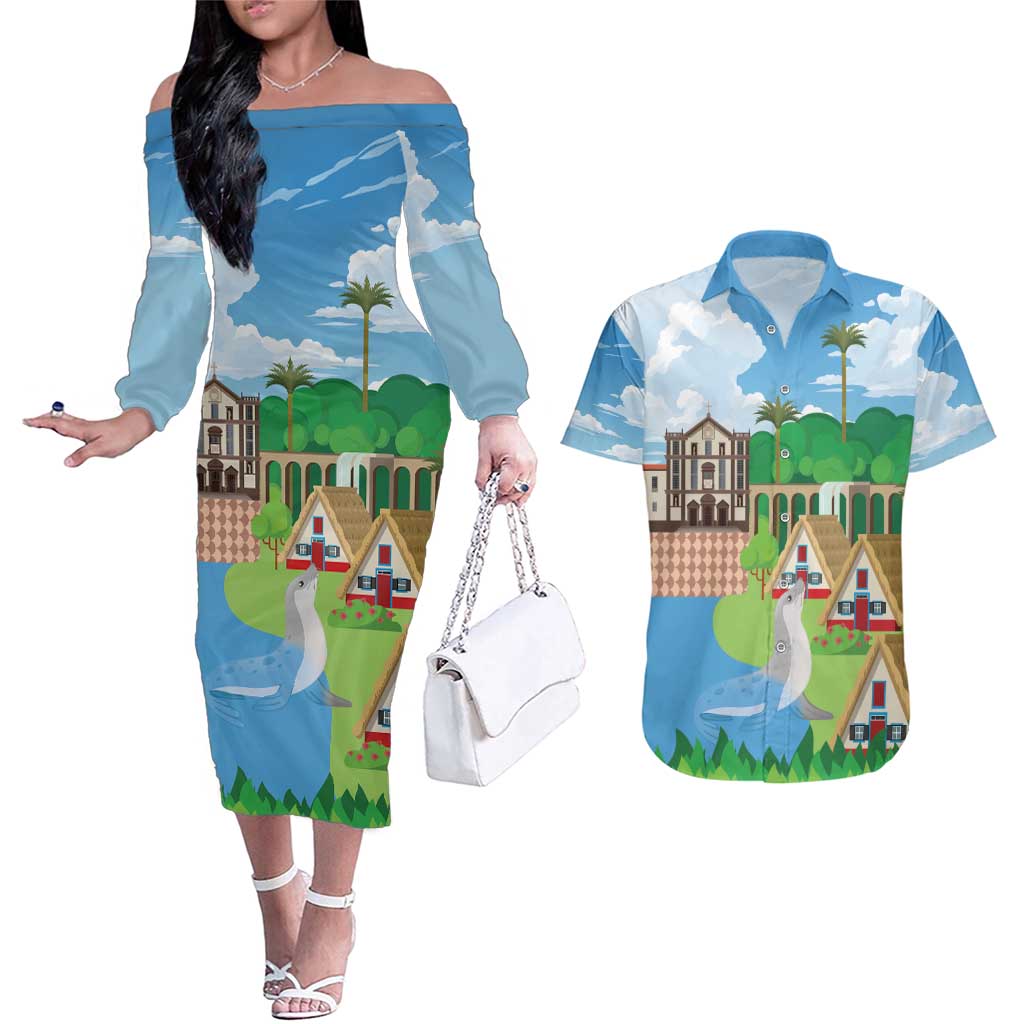 Feliz Dia de Madeira Personalized Couples Matching Off The Shoulder Long Sleeve Dress and Hawaiian Shirt Traditional Palheiros Straw-roofed Houses - Wonder Print Shop