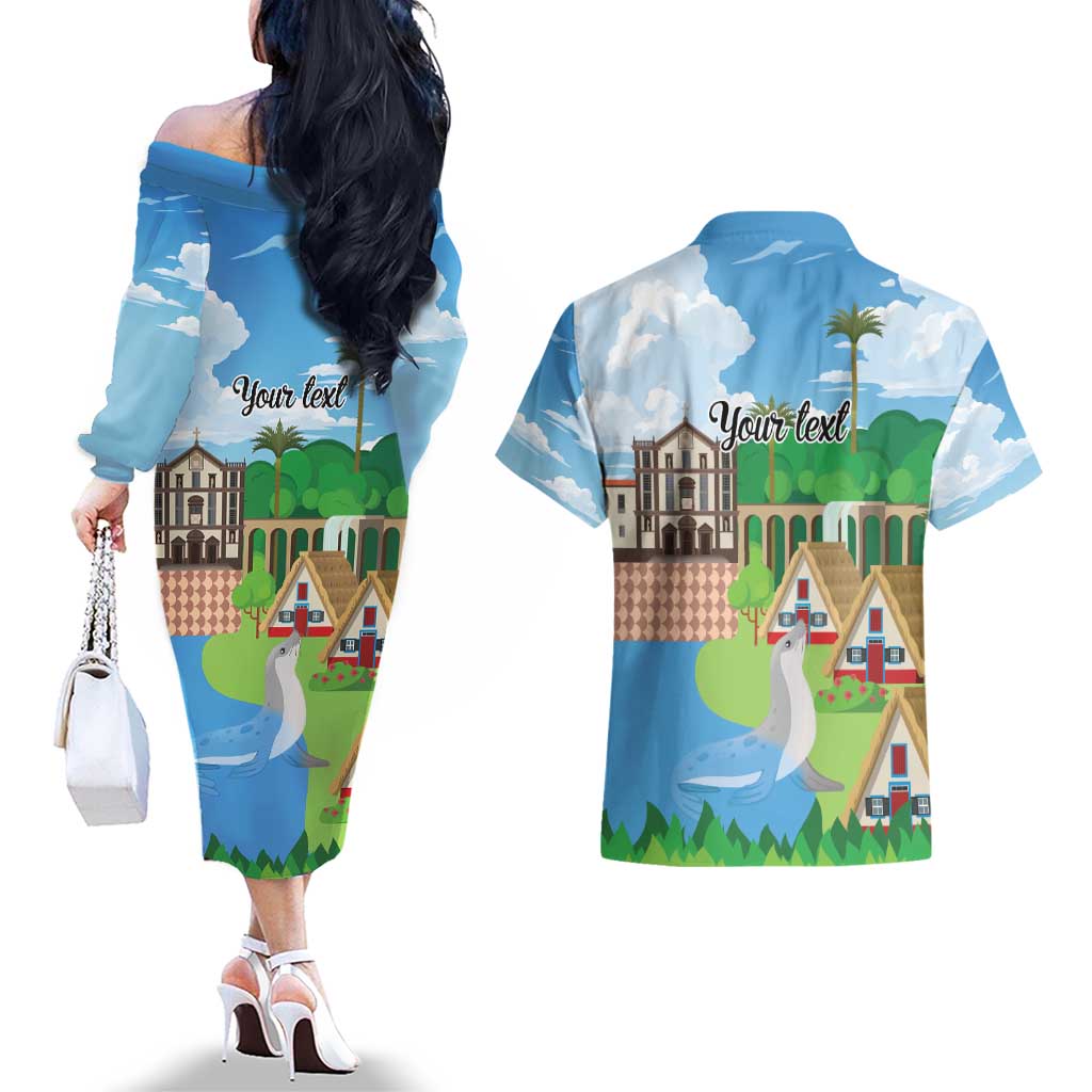 Feliz Dia de Madeira Personalized Couples Matching Off The Shoulder Long Sleeve Dress and Hawaiian Shirt Traditional Palheiros Straw-roofed Houses - Wonder Print Shop