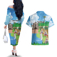 Feliz Dia de Madeira Personalized Couples Matching Off The Shoulder Long Sleeve Dress and Hawaiian Shirt Traditional Palheiros Straw-roofed Houses - Wonder Print Shop
