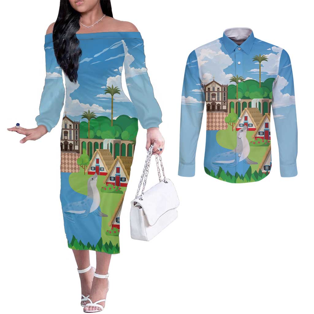 Feliz Dia de Madeira Personalized Couples Matching Off The Shoulder Long Sleeve Dress and Long Sleeve Button Shirt Traditional Palheiros Straw-roofed Houses - Wonder Print Shop