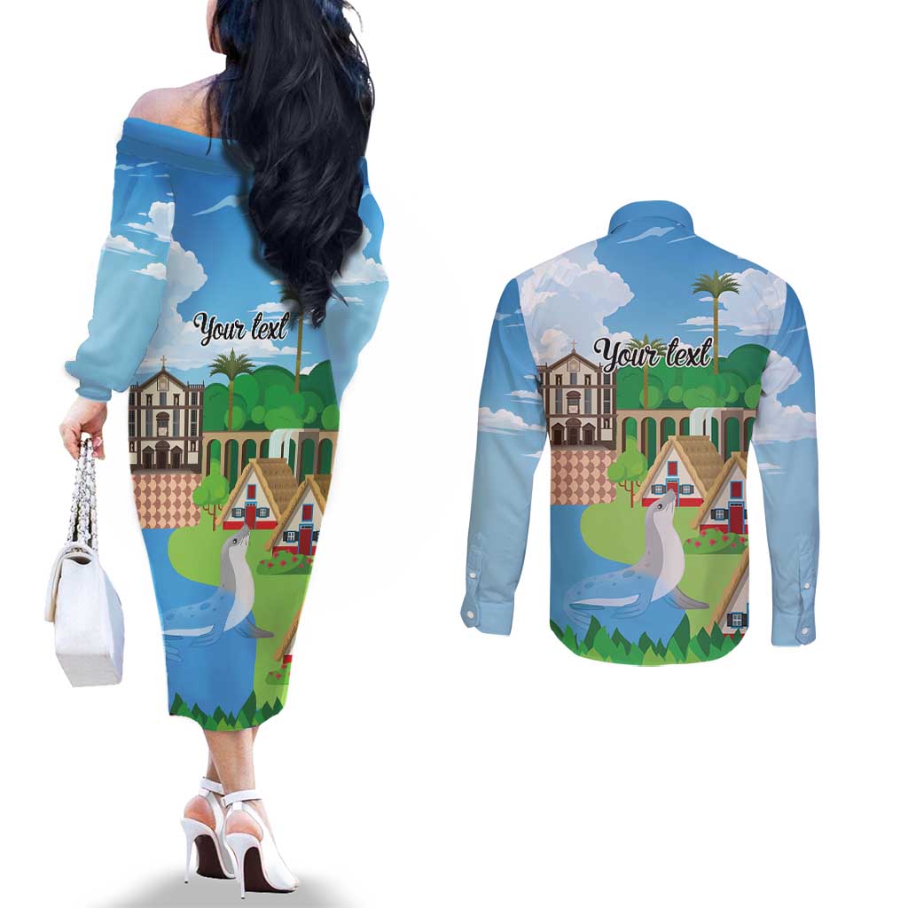 Feliz Dia de Madeira Personalized Couples Matching Off The Shoulder Long Sleeve Dress and Long Sleeve Button Shirt Traditional Palheiros Straw-roofed Houses - Wonder Print Shop
