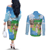 Feliz Dia de Madeira Personalized Couples Matching Off The Shoulder Long Sleeve Dress and Long Sleeve Button Shirt Traditional Palheiros Straw-roofed Houses - Wonder Print Shop