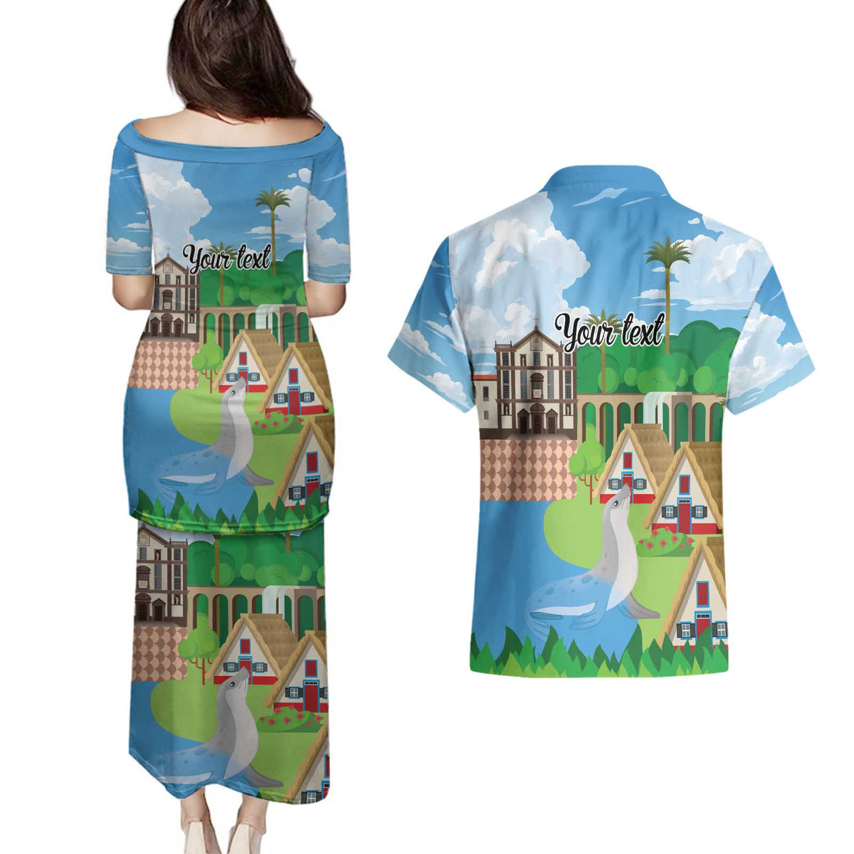 Feliz Dia de Madeira Personalized Couples Matching Puletasi and Hawaiian Shirt Traditional Palheiros Straw-roofed Houses - Wonder Print Shop