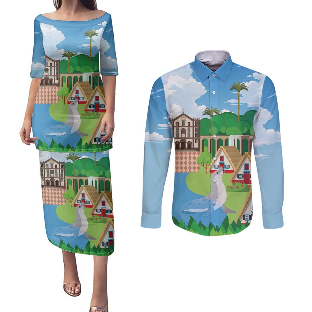 Feliz Dia de Madeira Personalized Couples Matching Puletasi and Long Sleeve Button Shirt Traditional Palheiros Straw-roofed Houses - Wonder Print Shop