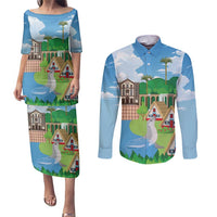 Feliz Dia de Madeira Personalized Couples Matching Puletasi and Long Sleeve Button Shirt Traditional Palheiros Straw-roofed Houses - Wonder Print Shop