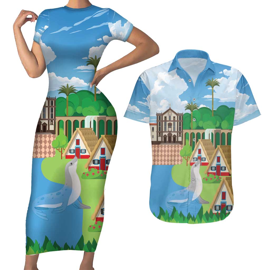 Feliz Dia de Madeira Personalized Couples Matching Short Sleeve Bodycon Dress and Hawaiian Shirt Traditional Palheiros Straw-roofed Houses - Wonder Print Shop