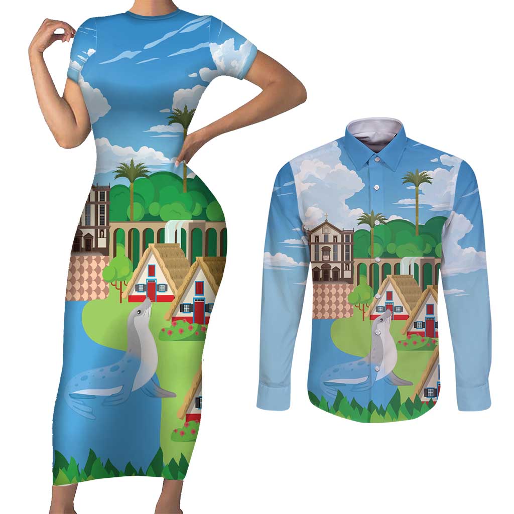 Feliz Dia de Madeira Personalized Couples Matching Short Sleeve Bodycon Dress and Long Sleeve Button Shirt Traditional Palheiros Straw-roofed Houses - Wonder Print Shop