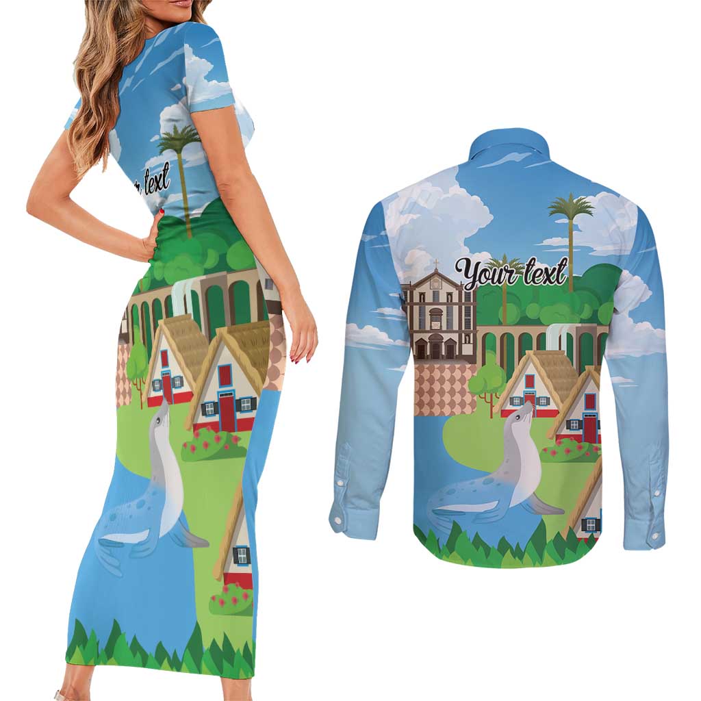 Feliz Dia de Madeira Personalized Couples Matching Short Sleeve Bodycon Dress and Long Sleeve Button Shirt Traditional Palheiros Straw-roofed Houses - Wonder Print Shop
