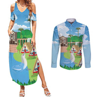 Feliz Dia de Madeira Personalized Couples Matching Summer Maxi Dress and Long Sleeve Button Shirt Traditional Palheiros Straw-roofed Houses - Wonder Print Shop